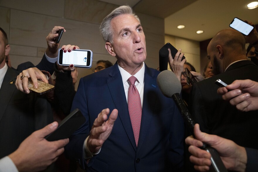 House Minority Leader Kevin McCarthy, of Calif., talks to reporters, Tuesday, Nov. 15, 2022, on Capitol Hill in Washington.