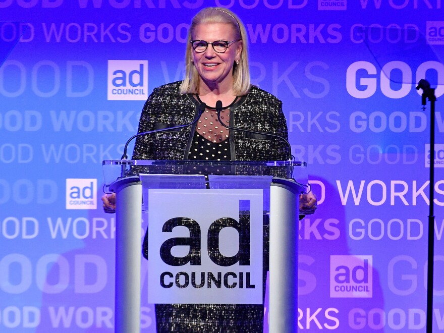 Ginny Rometty, the former CEO of IBM speaks at the Ad Council's 65th Annual Public Service Award Dinner at the New York Hilton Midtown in New York City on Dec. 5, 2018. In a memoir published this year, Rometty recalls a conversation she had with her former male boss in which he exhorted her to get in "good physical shape" if she wanted to become a high-level executive.