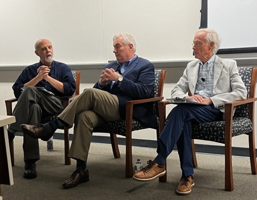 WGCU's Mike Kiniry; Dr. Michael Osterholm, Director of the Center for Infectious Disease Research & Policy Research and Innovation Office at University of Minnesota; Dr. Steve Mason, Naples Discussion Group Executive Committee member and cardiologist