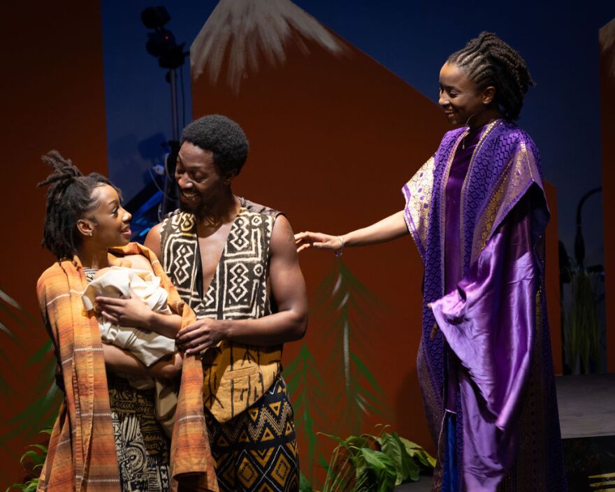 A scene from last year’s Brévo Theatre’s featuring Mary and Joseph (Jeffery Cason and Keyona Omega) speaking with a villager, Anika Dara. The company presents the show in Miami at the Sandrell Rivers Theater from Thursday, Dec. 11 to Sunday, Dec. 14 and then in the Abdo New River Room at the Broward Center in Fort Lauderdale. (Photo by Trish Rosales, courtesy of Brévo Theatre)