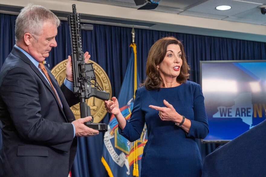 Gov. Kathy Hochul displays a weapon that falls through a loophole in the state's gun laws. She's proposing that it, and others like it, come under the state's existing laws.