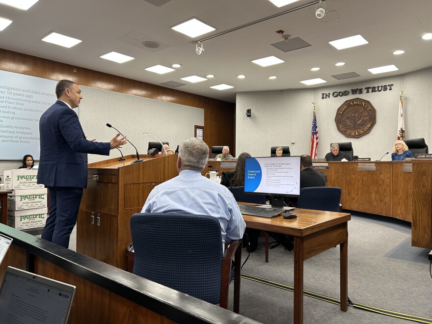 CEMEX executive Nathan Layfield gestures from the podium during Thursday's Fresno County Planning Commission hearing regarding the company's proposed blast mine near the San Joaquin River north of Fresno.