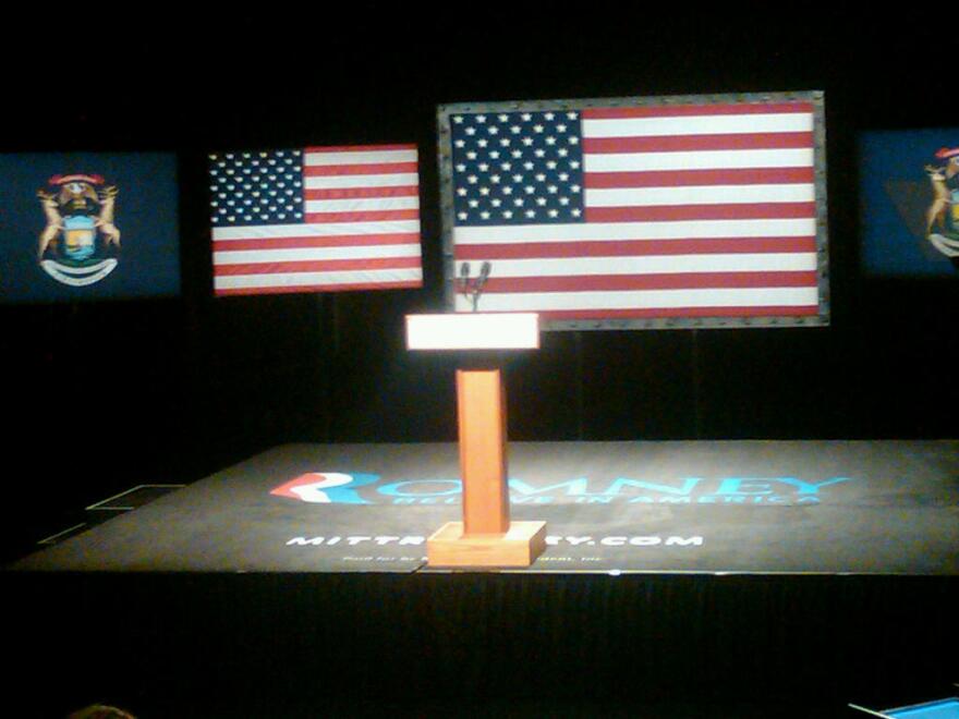 The stage for Romney's speech at Lansing Community College.