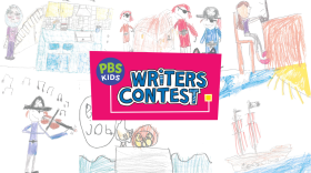Background is illustrations from previous entries of the Writers contest. centered on the image is the writers contest logo.