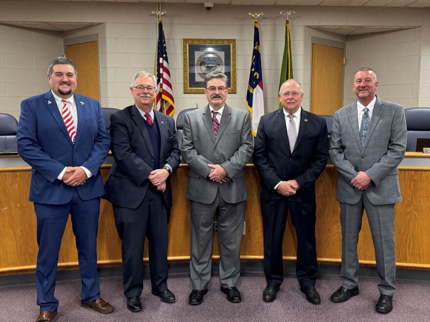 Current Yadkin County Commissioners from left to right: Cliff Collins, Frank Zachary, David Moxley, Ricky Oliver, and Tim Parks.