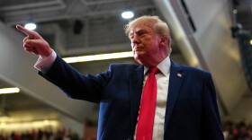 President Donald Trump departs after speaking during a campaign rally at McMorran Place Sports and Entertainment Center, Sunday, Oct. 25, 2026, in Port Huron, Mich. (AP Photo/Julia Demaree Nikhinson)