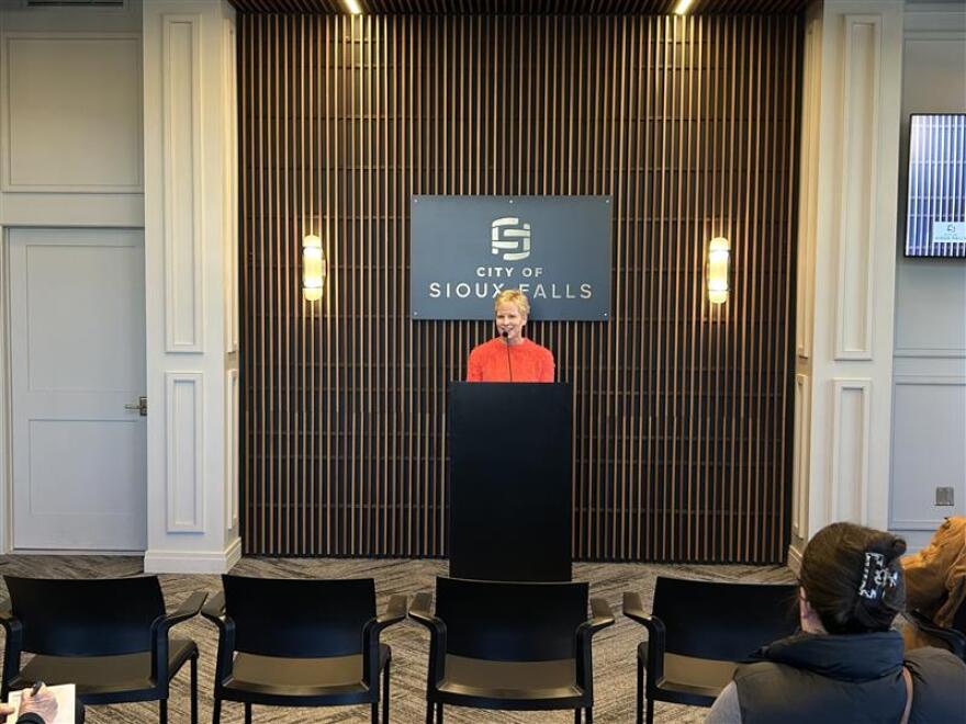 Jennifer Kirby announces a million-dollar gift to support the Sioux Falls Parks and Recreation Department in building a future indoor pool on Dec. 15, 2025, at City Hall.