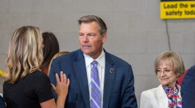 Kansas Attorney General Kris Kobach appears at a Sept. 14, 2026, rally by Vice President JD Vance at Webco Manufacturing in Olathe. Kobach's July finance report showed contributions from two donors that exceeded legal limits.