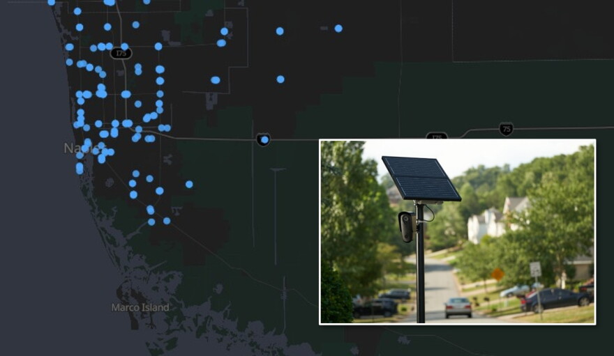 Crowdsourced map from deflock.org showing locations for suspected license plate readers across Collier County. DeFlock is an open-source, volunteer-powered project for identifying and documenting automated license plate readers. The map is powered by OpenStreetMap. Camera locations come from volunteers and the OpenStreetMap community, not a private company or government agency.