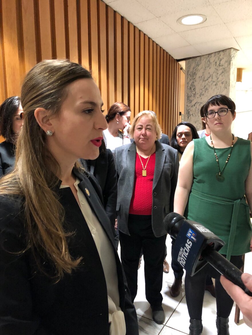Sen. Alessandra Biaggi speaks before a hearing she chaired on anti-sexual harassment policies.