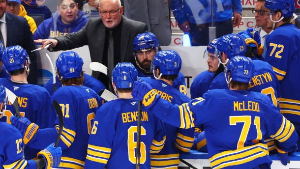 Buffalo Sabres head coach Lindy Ruff speaks with team during the third period in Game 1 of a second-round NHL hockey Stanley Cup playoff series against the Montreal Canadiens Wednesday, May 6, 2026, in Buffalo.