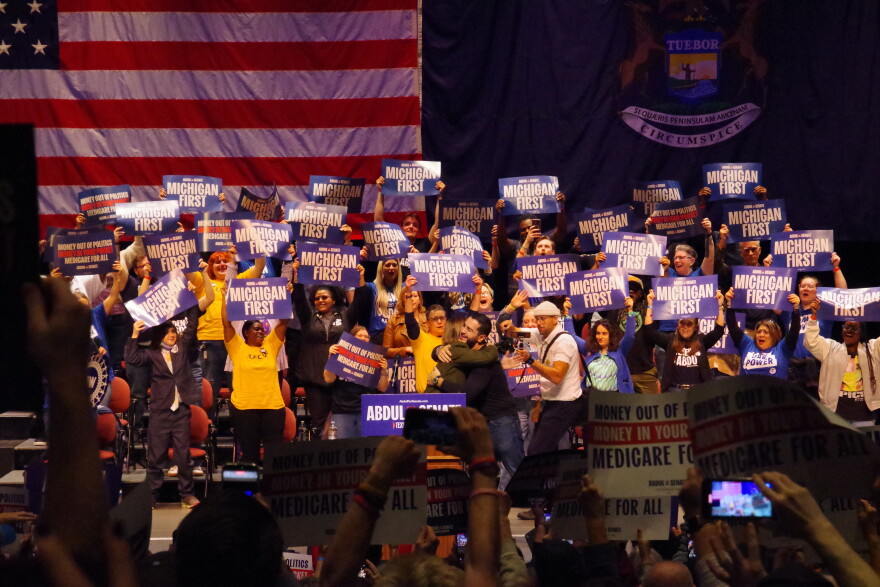 Democratic US Senate candidate Abdul El-Sayed hugs US Senator Elissa Slotkin (D-MI) during a campaign rally at Miller Auditorium in Kalamazoo, Michigan on Thursday, October 29.
