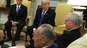 Clockwise from upper left, Vice President Pence and President Trump meet with Senate Majority Leader Mitch McConnell (R-Ky.), Senate Minority Leader Chuck Schumer (D-N.Y.) and other congressional leaders in the Oval Office of the White House Sept. 6, 2017 in Washington, D.C. (Alex Wong/Getty Images)