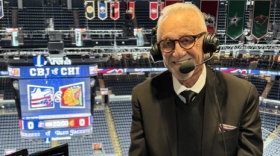 Retired Columbus Blue Jackets broadcaster Jeff Rimer in the booth before calling a Blue Jackets game