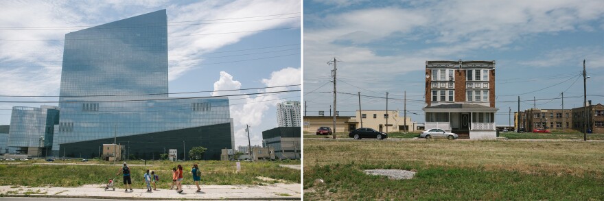 Left: A family walks by Ocean Resorts Casino on the north side of the Atlantic City Boardwalk in Atlantic City, New Jersey on Thursday. Right: A house stands on the north side of the Atlantic City Boardwalk in Atlantic City, New Jersey on Thursday.