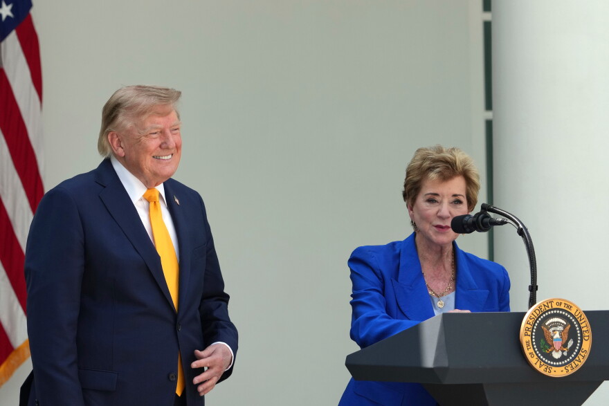 Education Secretary Linda McMahon speaks alongside President Donald Trump during a back to school event in the Rose Garden of the White House, Monday, Aug. 24, 2026, in Washington.