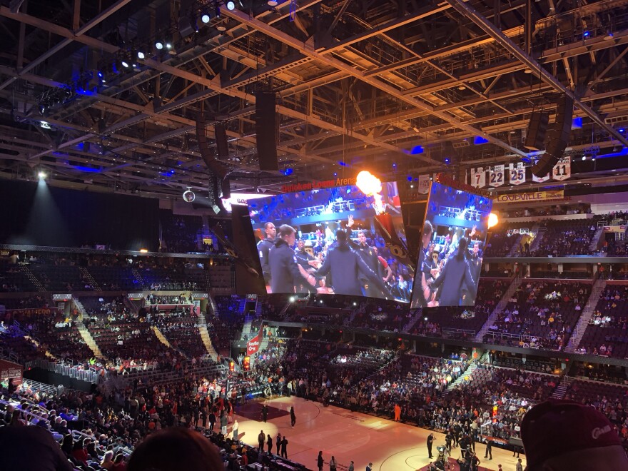 Fans cheer on the starting lineup for the Cavs tuesday night in Cleveland. The team beat the Atlanta Hawks for the first win of the 2018-2019 season.