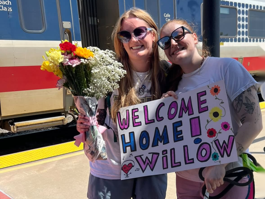 Heather's two girls together at the train station in Macomb.