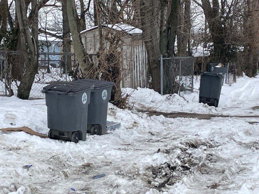 Trash carts in Downtown Evansville, Feb. 2, 2026