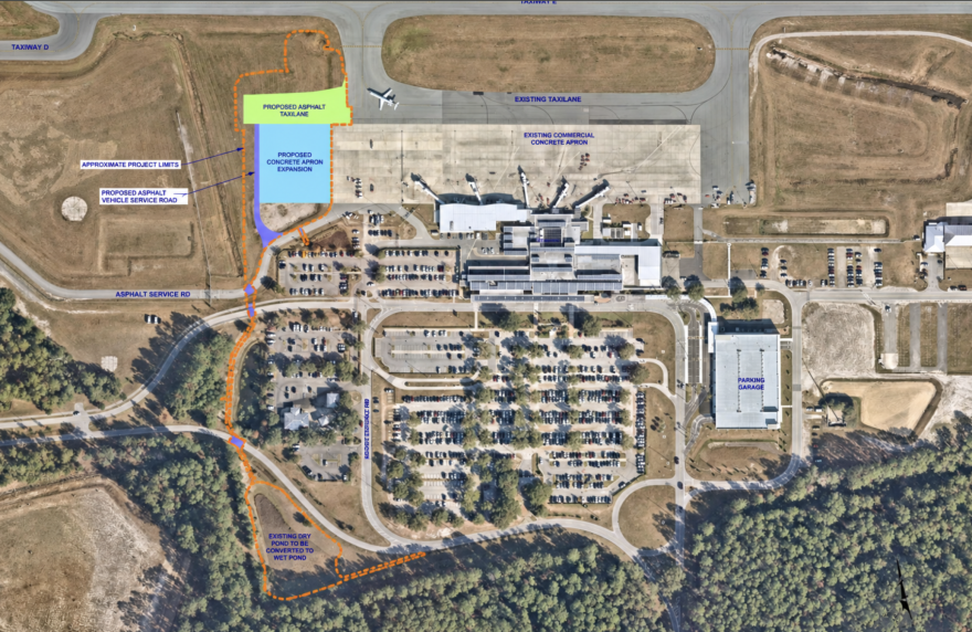 An aerial photo that highlights the proposed area of the commercial apron expansion at Gainesville Regional Airport. (Courtesy of EDA Consultants)