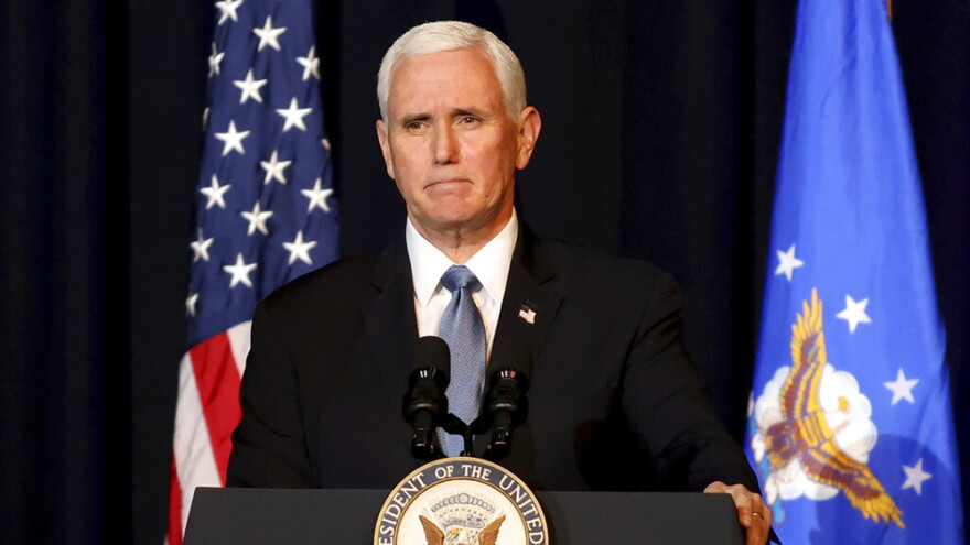 FILE - Vice President Mike Pence speaks during a memorial service for the late Air Force Brig. Gen. Chuck Yeager in Charleston, W. Va., on Jan. 15, 2021. Pence has a book deal. His autobiography, currently untitled, is scheduled to come out in 2023.