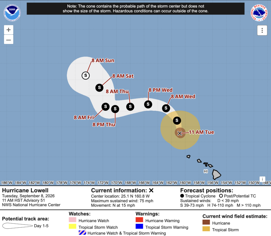 This graphic shows the predicted path of the center of Hurricane Lowell as of 11 a.m. Tuesday, Sept. 8, 2026.