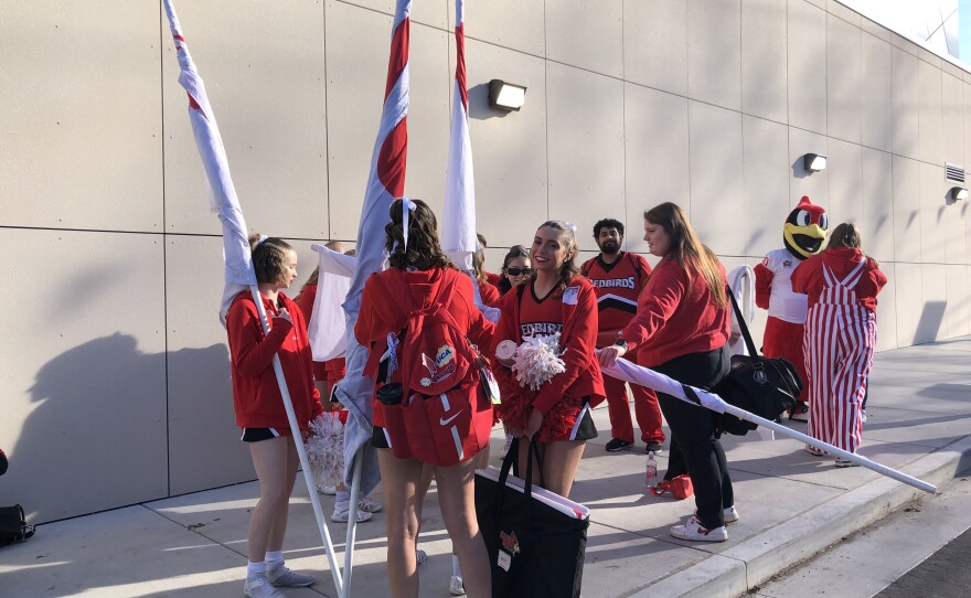 Reggie Redbird and the Big Red Marching Machine have arrived at FirstBank Stadium to support ISU's bid for the national championship. The band will play at halftime during the televised game.