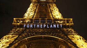 The slogan "For The Planet" is projected on the Eiffel Tower as part of the United Nations Climate Change Conference in Paris in December 2015.