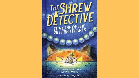Cover of "The Shrew Detective: The Case of the Pilfered Pearls" by Margi Preus; illustration of a mouse-like creature in a trenchcoat being spied on by a large orange cat