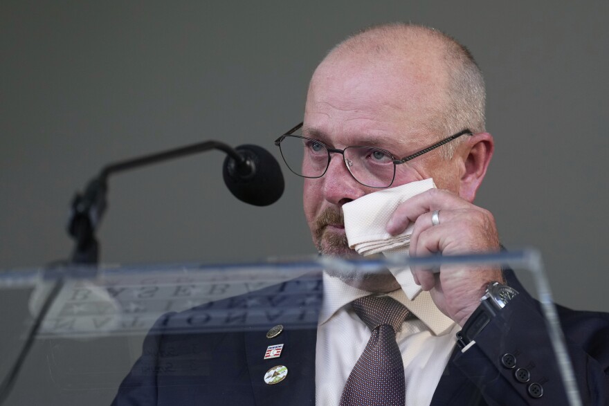 Baseball Hall of Fame inductee Billy Wagner becomes emotional while speaking at the National Baseball Hall of Fame induction ceremony in Cooperstown, N.Y., Sunday, July 27, 2025.