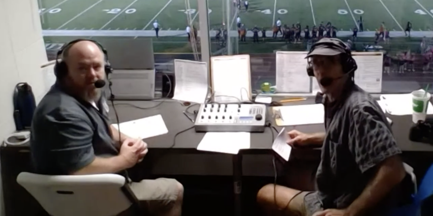Kevin Jefferies, left, and John Mark Dempsey broadcast the Commerce Tigers football games each fall.
