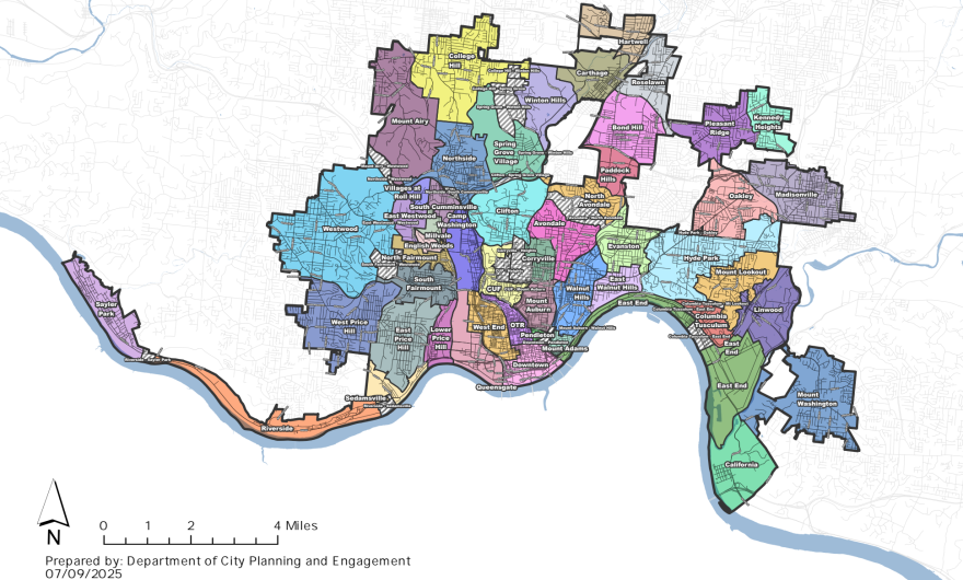 A map of Cincinnati neighborhood Community Council jurisdictions.