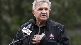 Former Chicago Bears coach Mike Ditka speaks during a ceremony for the unveiling of statues of Hall of Famers Walter Payton and George Halas outside of Gate 0 at Soldier Field, Tuesday morning, Sept. 3, 2019.