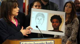 Miami-Dade State Attorney Katherine Fernandez Rundle holds a sketch and photo of the teenager arrested for the murder of Rabbi Joseph Raksin during a press conference on Dec. 9, 2015. 
