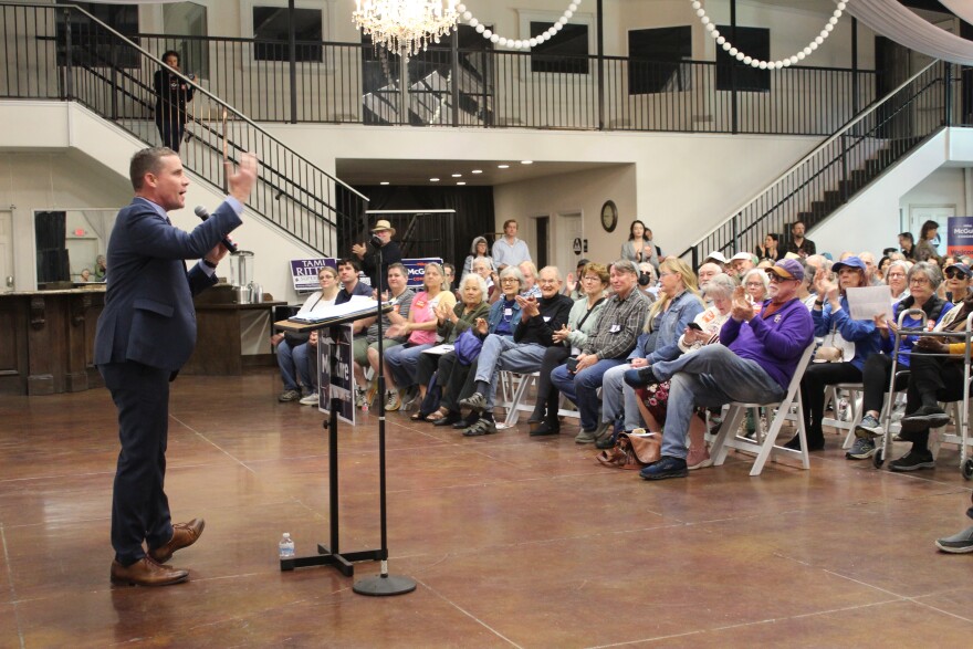 State Sen. Mike McGuire, a Democrat from Santa Rosa, speaks to residents at a town hall in Chico, Calif., on Saturday, March 7, 2026.
