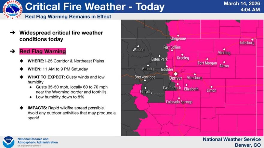 A color-coded image shows the areas in Colorado under a Red Flag Warning. 