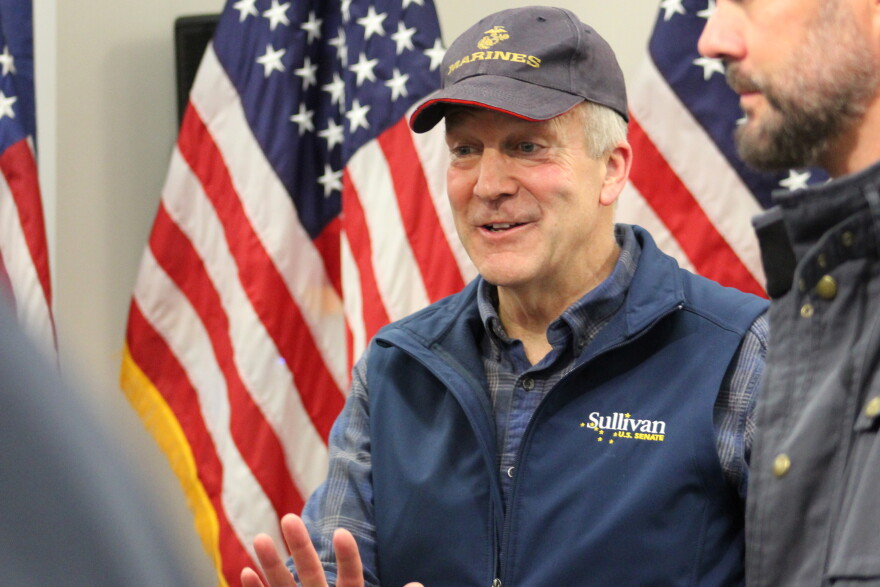Republican U.S. Sen. Dan Sullivan talks to attendees at a rally on Saturday, Oct. 17, 2026 in Kenai, Alaska.