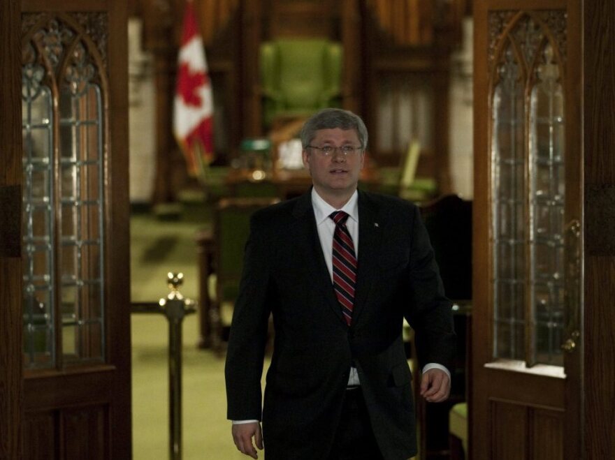 Prime Minister Stephen Harper outside the House of Commons in Ottawa on Wednesday (March 23, 2011).