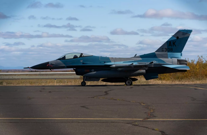 An Eielson-based F-16 sits on the tarmac in September 2020 at Bethel Airport, where the jet had to land after declaring an in-flight emergency due to an engine malfunction on the way back from a training exercise. It's the same kind of jet involved in an incident last week on an Eielson taxiway.