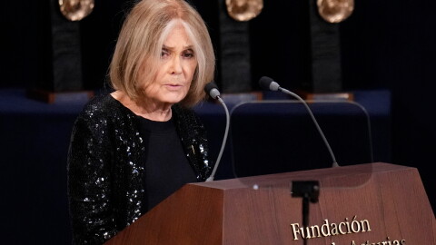 FILE - Gloria Steinem speaks during the 2021 Princess of Asturias Awards ceremony in Oviedo, northern Spain, Oct. 22, 2021.