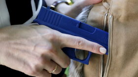 In this Aug. 29, 2016 photo, Marilyn Smolenski uses a mock gun to demonstrate how to pull a handgun out of the concealed carry clothing she designs at her home in Park Ridge, Ill. (Tae-Gyun Kim/AP)