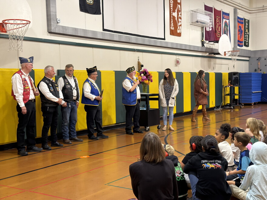Mary Riggs accepts her award at a Twin Oaks Elementary School assembly, Sept. 30, 2026.