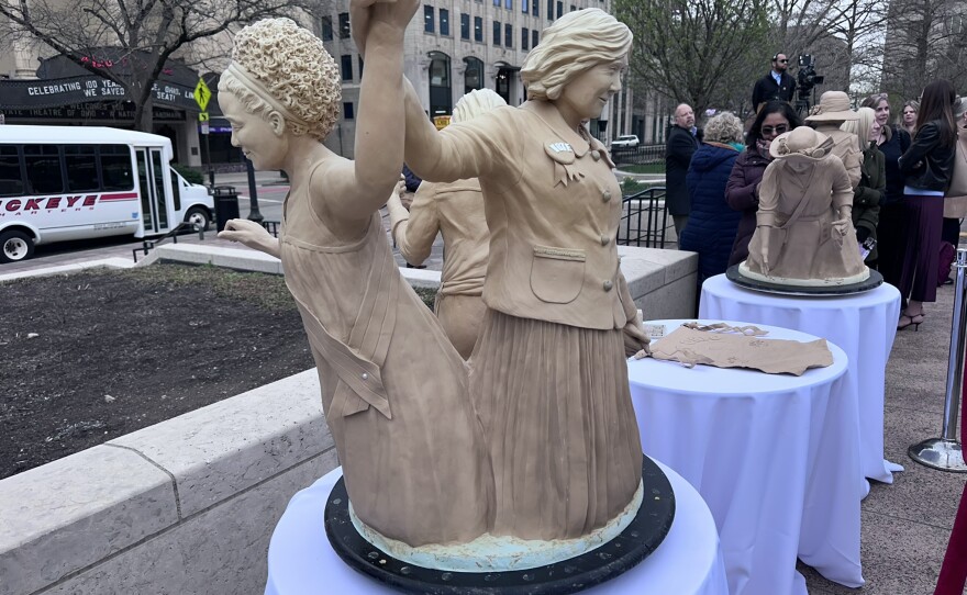 A close-up view of a model of one of the statues that will be featured on a column as part of the Women's Monument at the Ohio Statehouse
