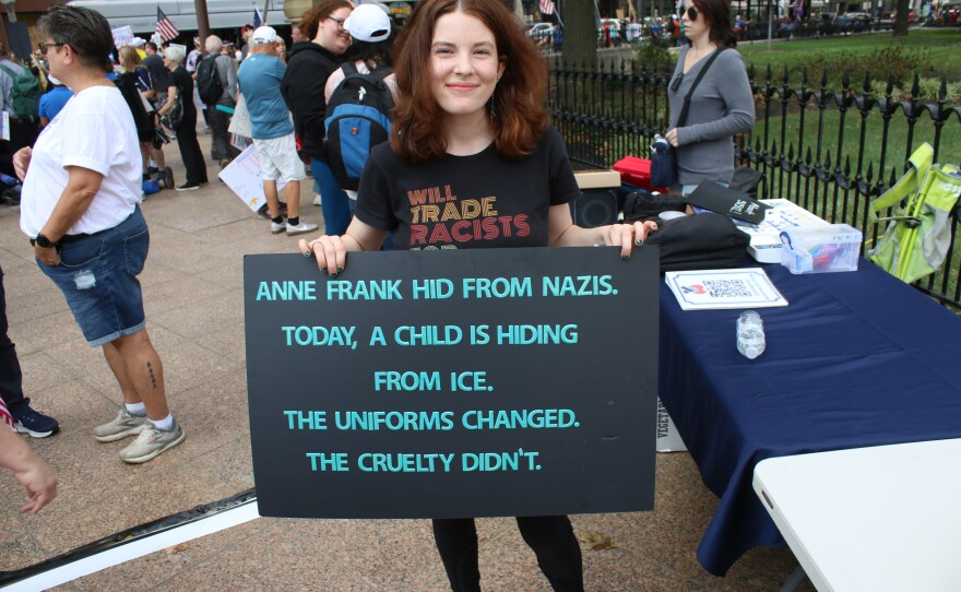 A sign at the "No Kings" protest at the Ohio Statehouse on October 18, 2025