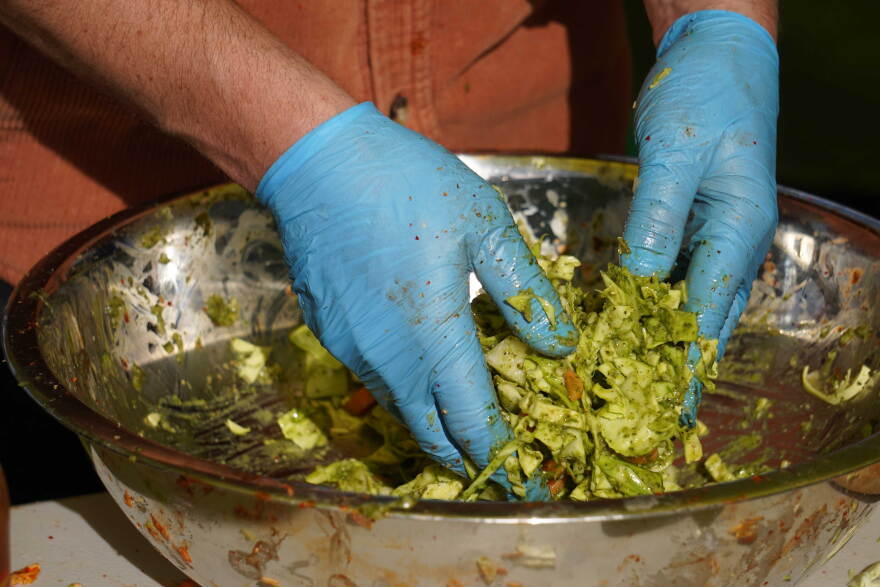 Vegetables are processed at the fermentation station during the Harvest Moon Local Food Festival at Soldotna Creek Park in Soldotna, Alaska, on Saturday, Sept. 26, 2026.