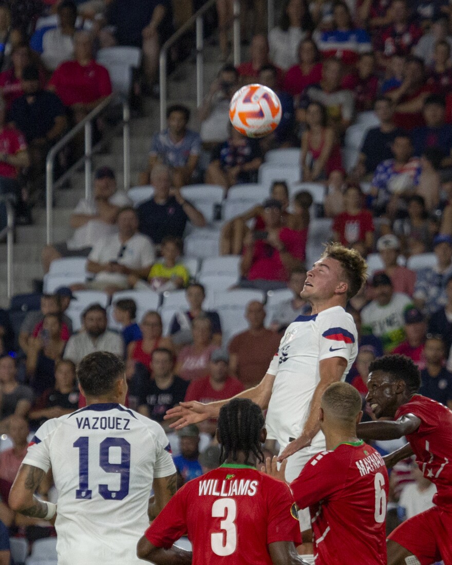 Midfielder Aidan Morris rises up to head the ball during the USMNT’s Gold Cup match against St. Kitts and Nevis on Wednesday, June 28, 2023 at CityPark in St. Louis. 