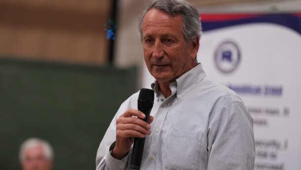 Mark Sanford, former congressman and South Carolina governor, speaks to voters he campaigns for his former U.S. House seat at a Dorchester County GOP event Thursday, April 9, 2026, in Summerville, S.C. (AP Photo/Meg Kinnard)