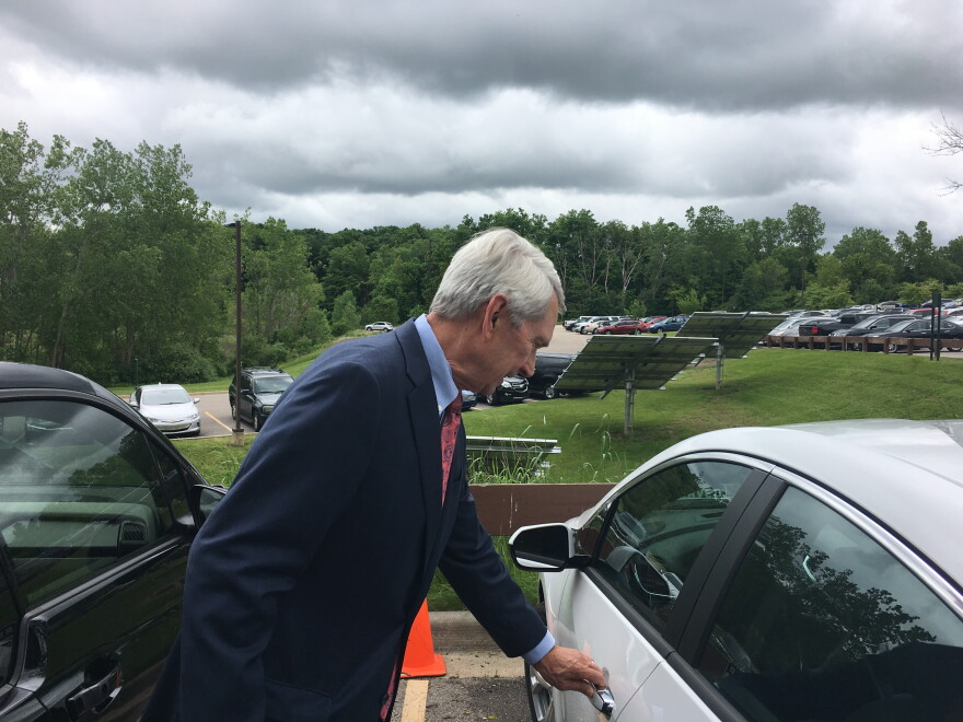 Michigan Public Service Commissioner Norman Saari can charge his Chevy Volt at a charging station installed at the MPSC headquarters.