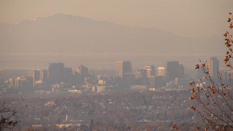 Downtown Salt Lake City barely visible through a heavy layer of air pollution. 