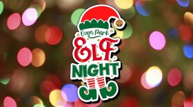 a graphic shows an elf covered by the words "Oven Park Elf Night"